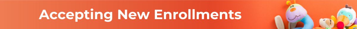 Accepting New Enrollments banner ad on orange background with toys.