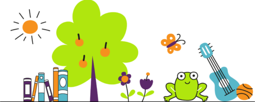 Colorful illustrations of a sun, tree, books, flowers, butterfly, frog, guitar and ball for The Club House childcare center.