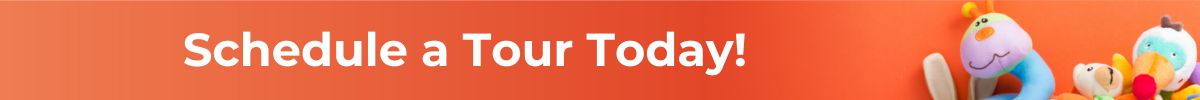 Schedule a Tour Today banner ad on orange background with toys.